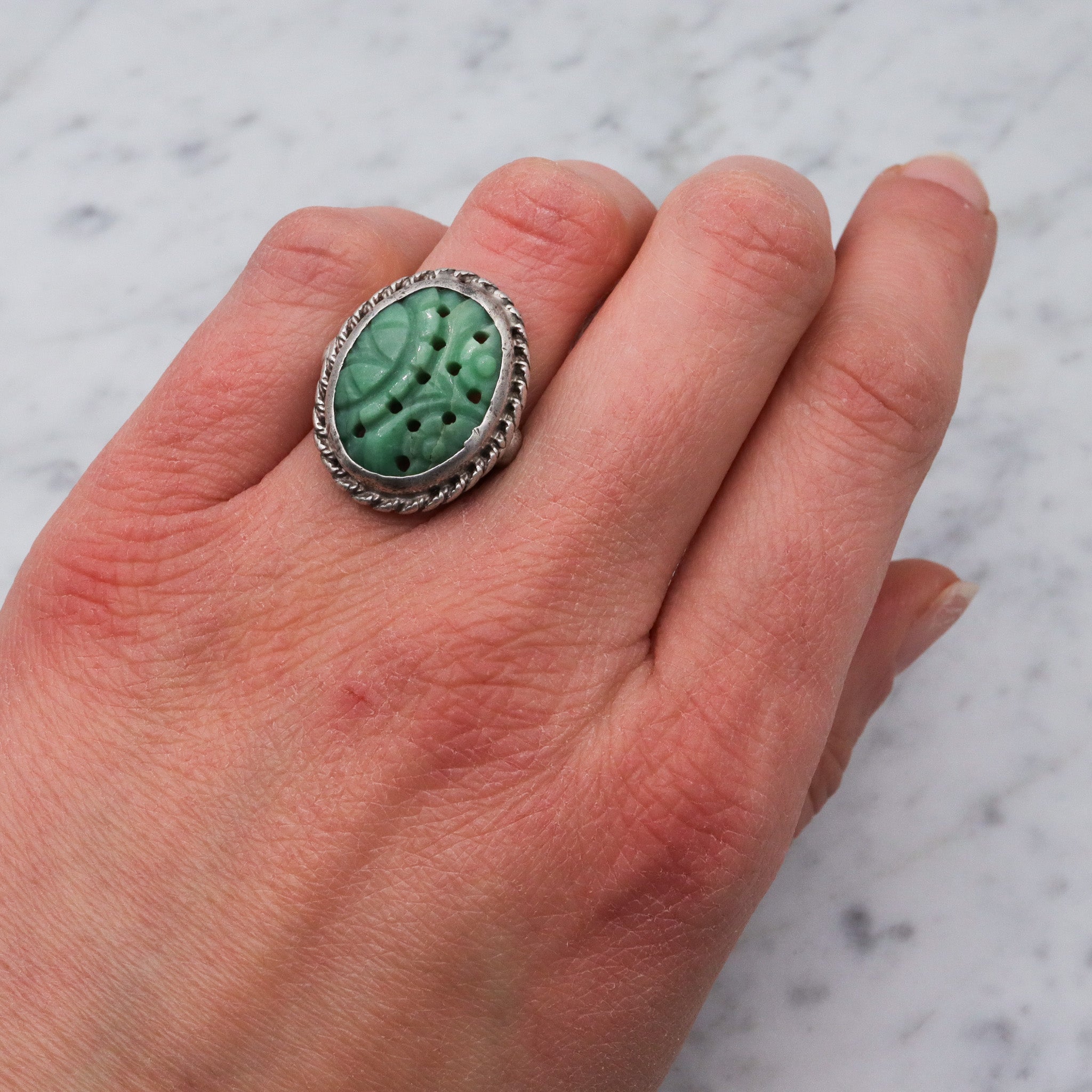 Antique Asian carved jade sterling silver ring, sz 6.75